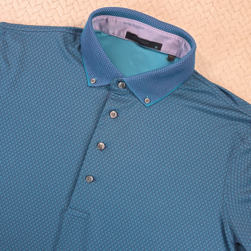 Greyson Mens Teal Geometric Print Golf Polo Shirt Short Sleeve Size M